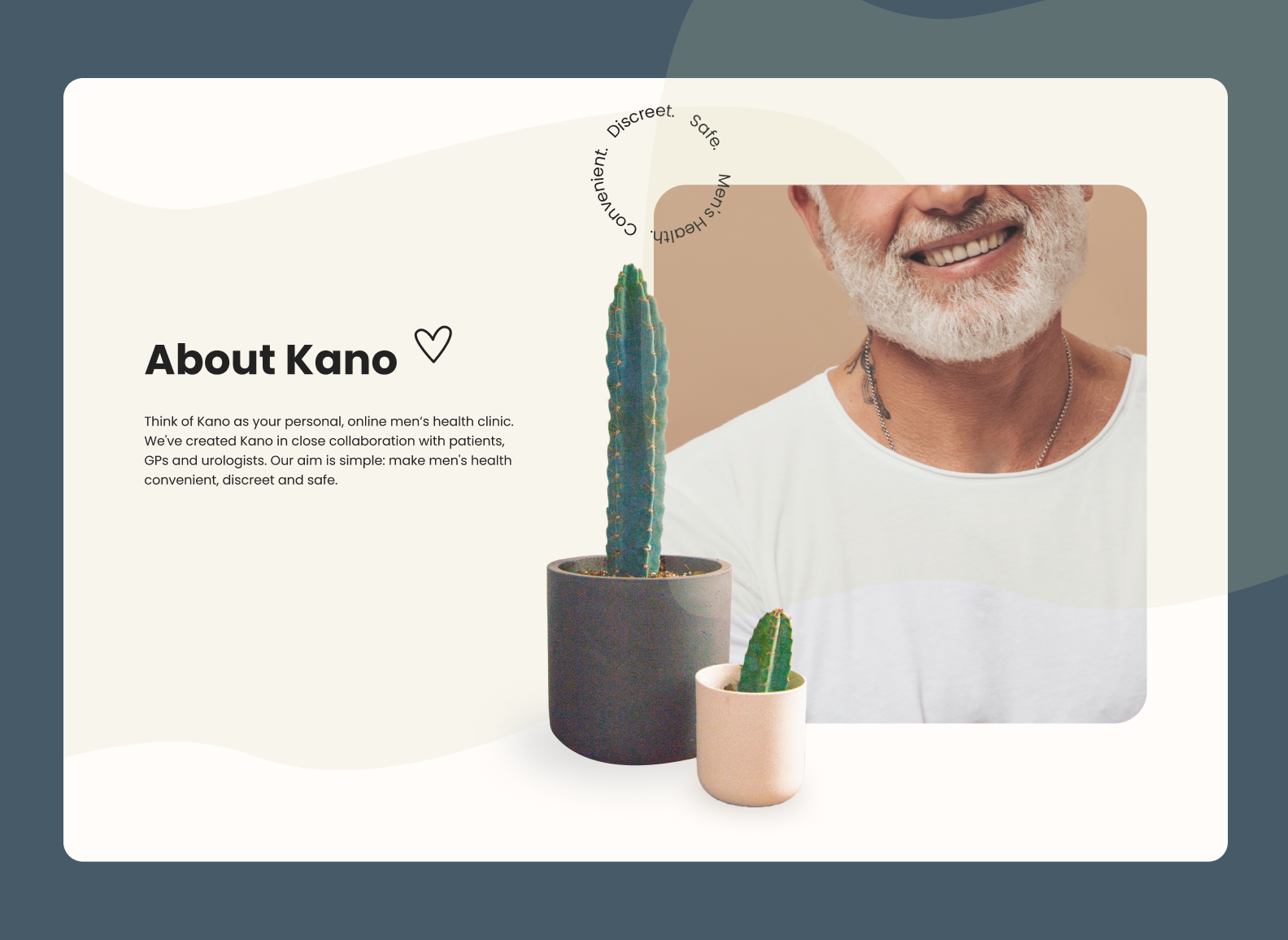Блок About Kano на лендинге сервиса мужского здоровья: нейтральный фон, текст о конфиденциальности