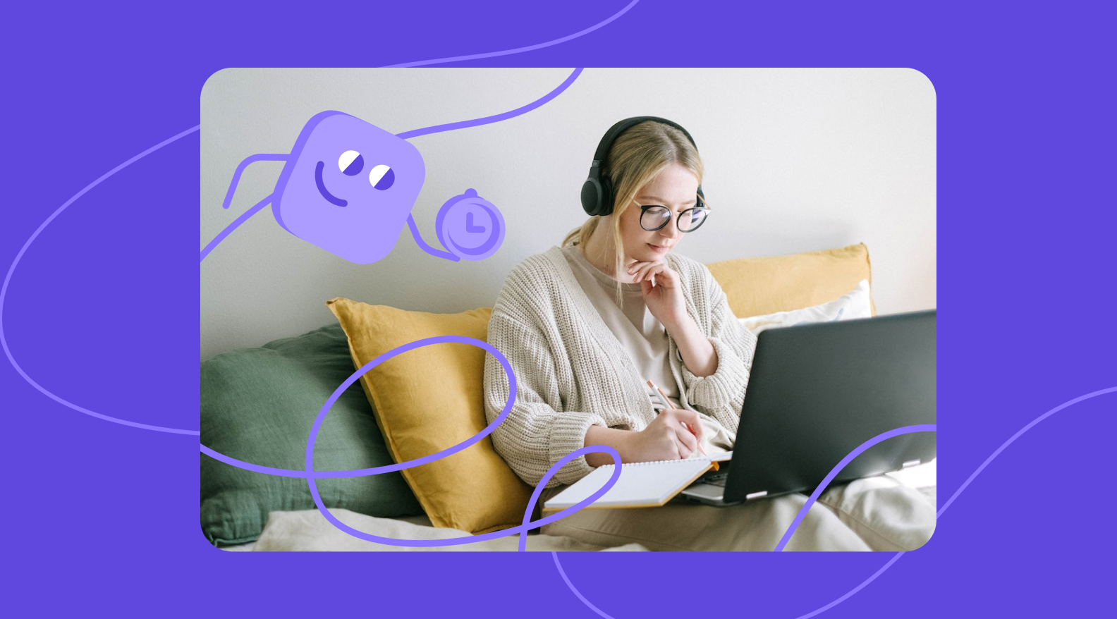 Визуал HLP с девушкой за ноутбуком и иллюстрациями маскота