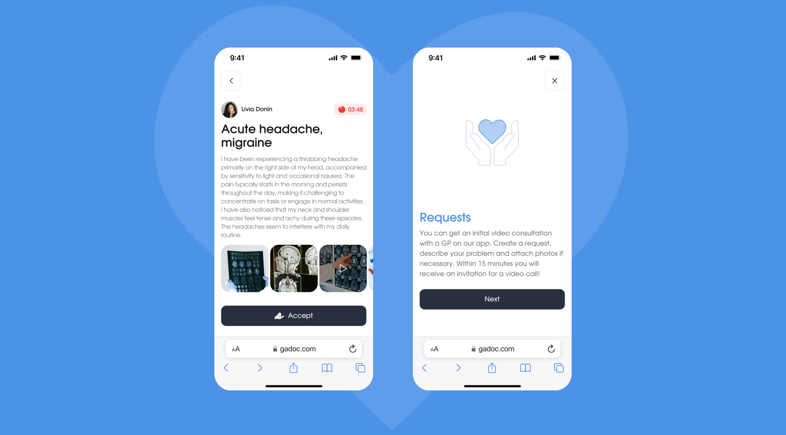 Два мобильных экрана сервиса Gadoc: создание запроса на видеоконсультацию и карточка пациента с описанием симптомов и прикрепленными снимками.
