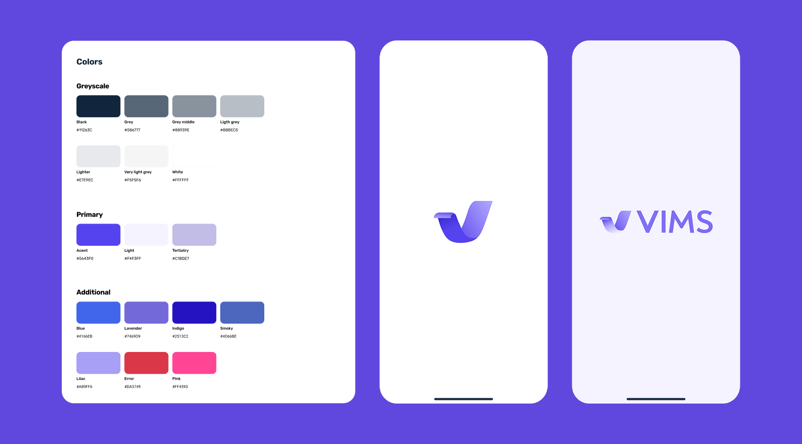 Экран UI-кита фитнес-приложения VIMS с наборами серых оттенков, основными фиолетовыми цветами и дополнительными акцентами.