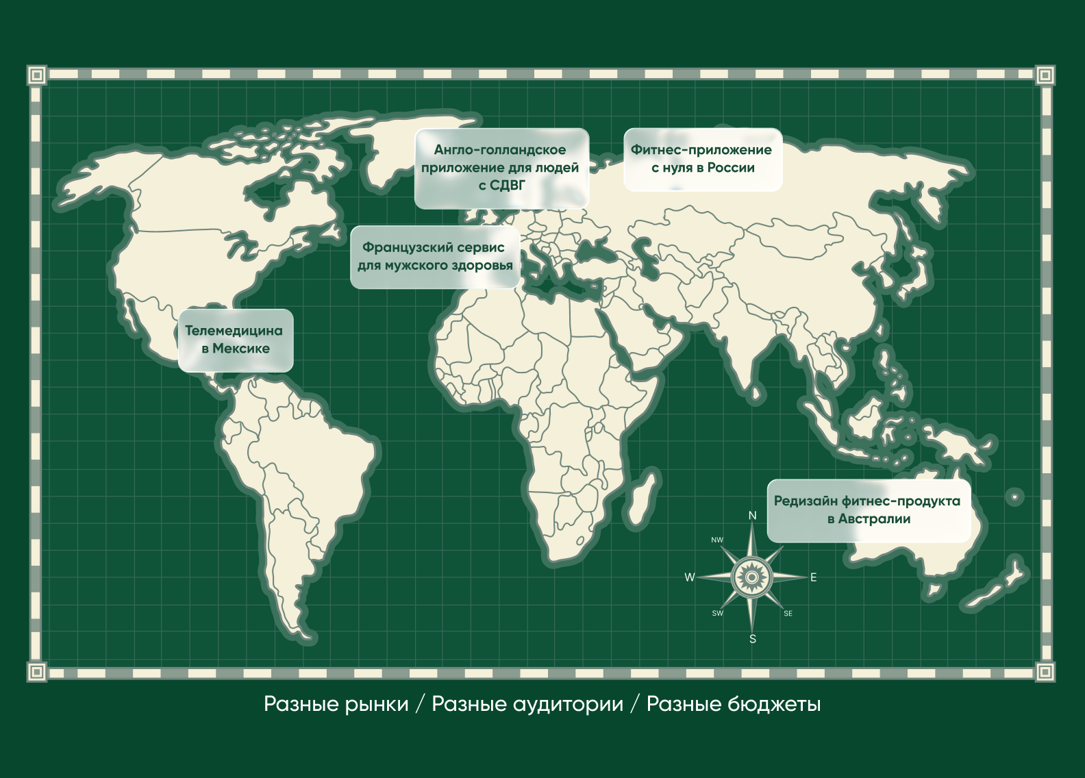 Блок с перечислением HealthTech-проектов в разных странах и подписью «Разные рынки, разные аудитории, разные бюджеты».