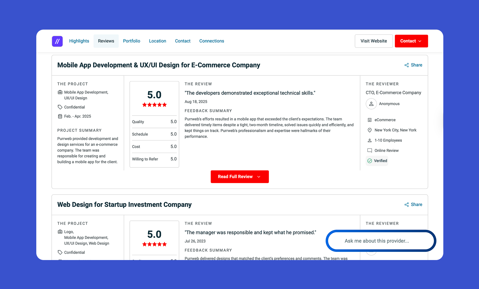 A screenshot of a review for a Node.js developer