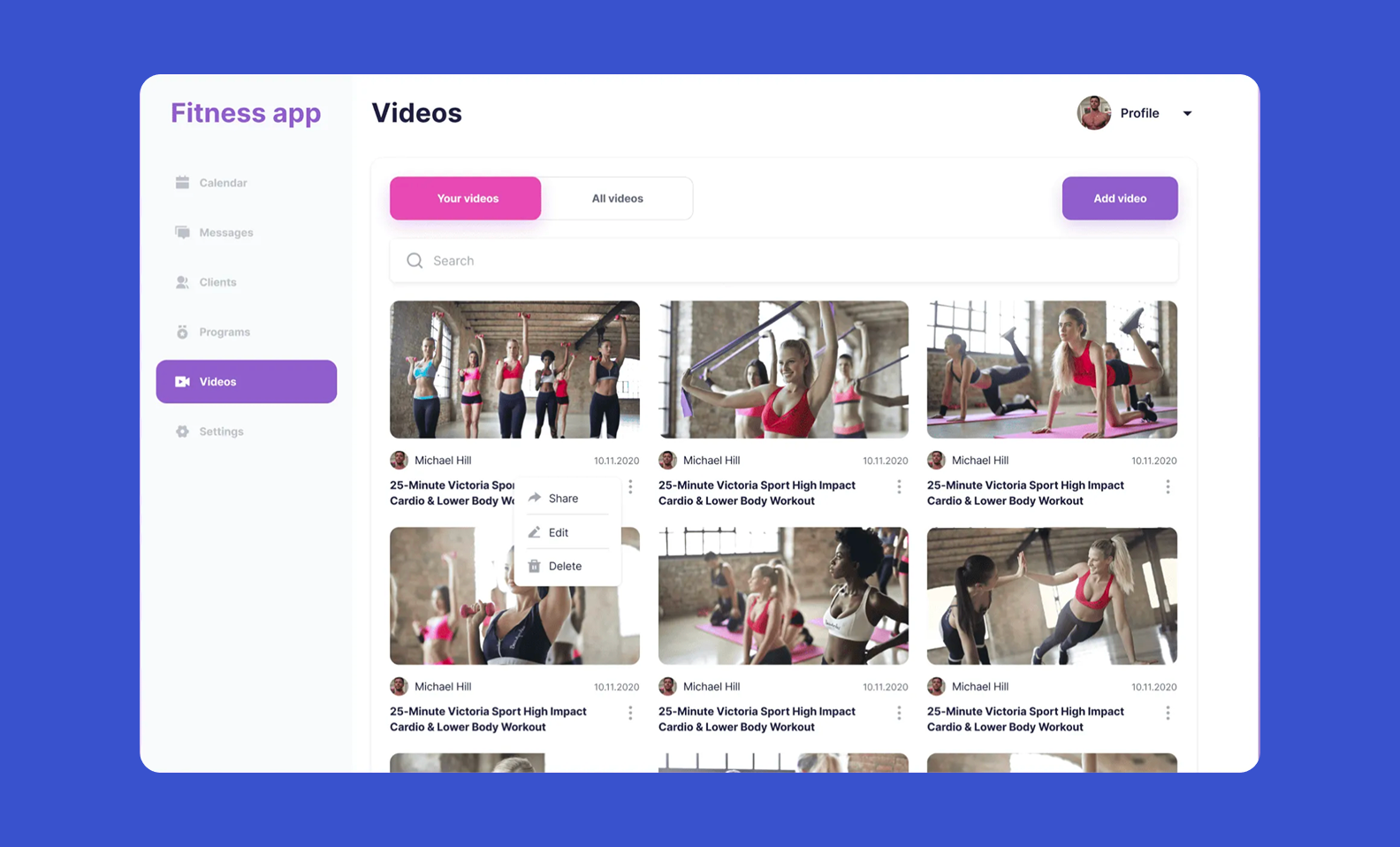 A screen of a fitness web app with ready-made training videos