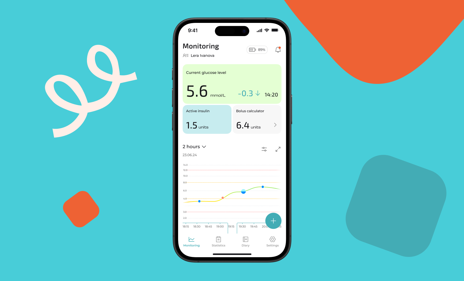 Mobile app screen of Freelife with glucose monitoring: current glucose level displayed at the top, along with active insulin and bolus calculation. The bottom part of the screen shows a 2-hour glucose change chart and a button to add an entry.