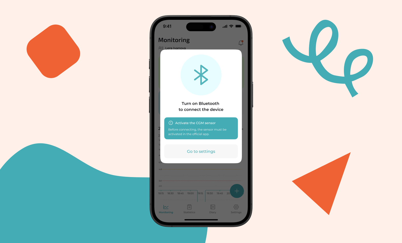 A window in the Freelife app asking the user to turn on Bluetooth to connect the device. In the center — a Bluetooth icon, below the text “Turn on Bluetooth to connect the device” and a warning “Activate CGM sensor” with explanation. At the bottom — a “Go to Settings” button.