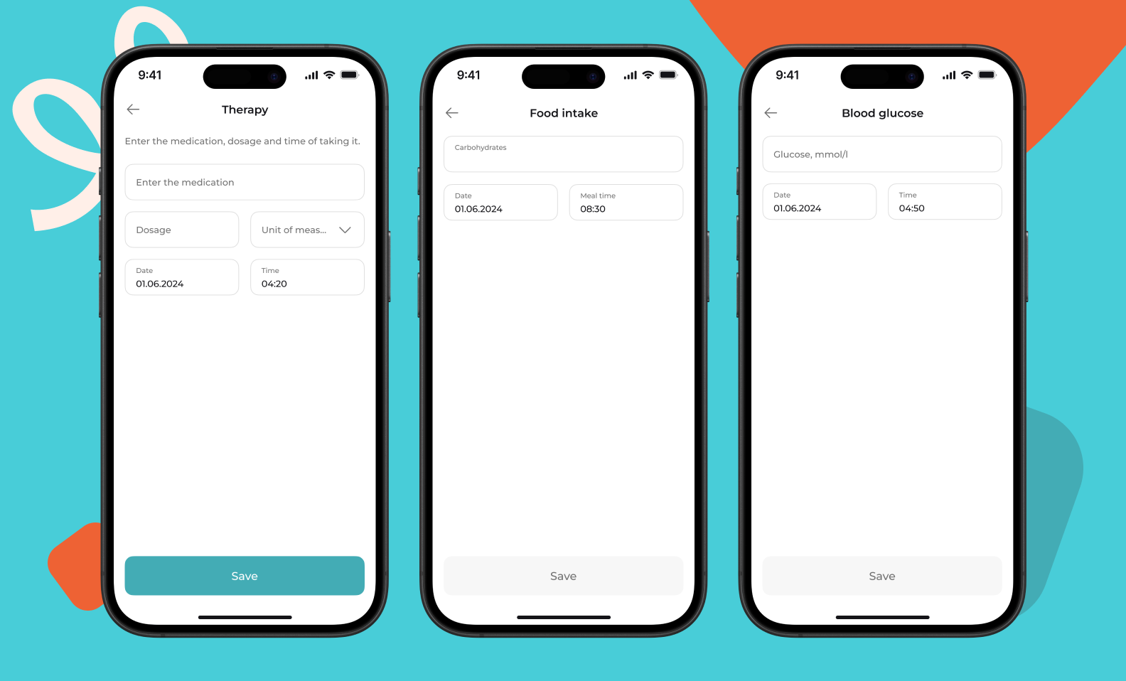 Three screens of the Freelife app with forms for entering data into the diary: therapy, meals, and glucose measurement. 