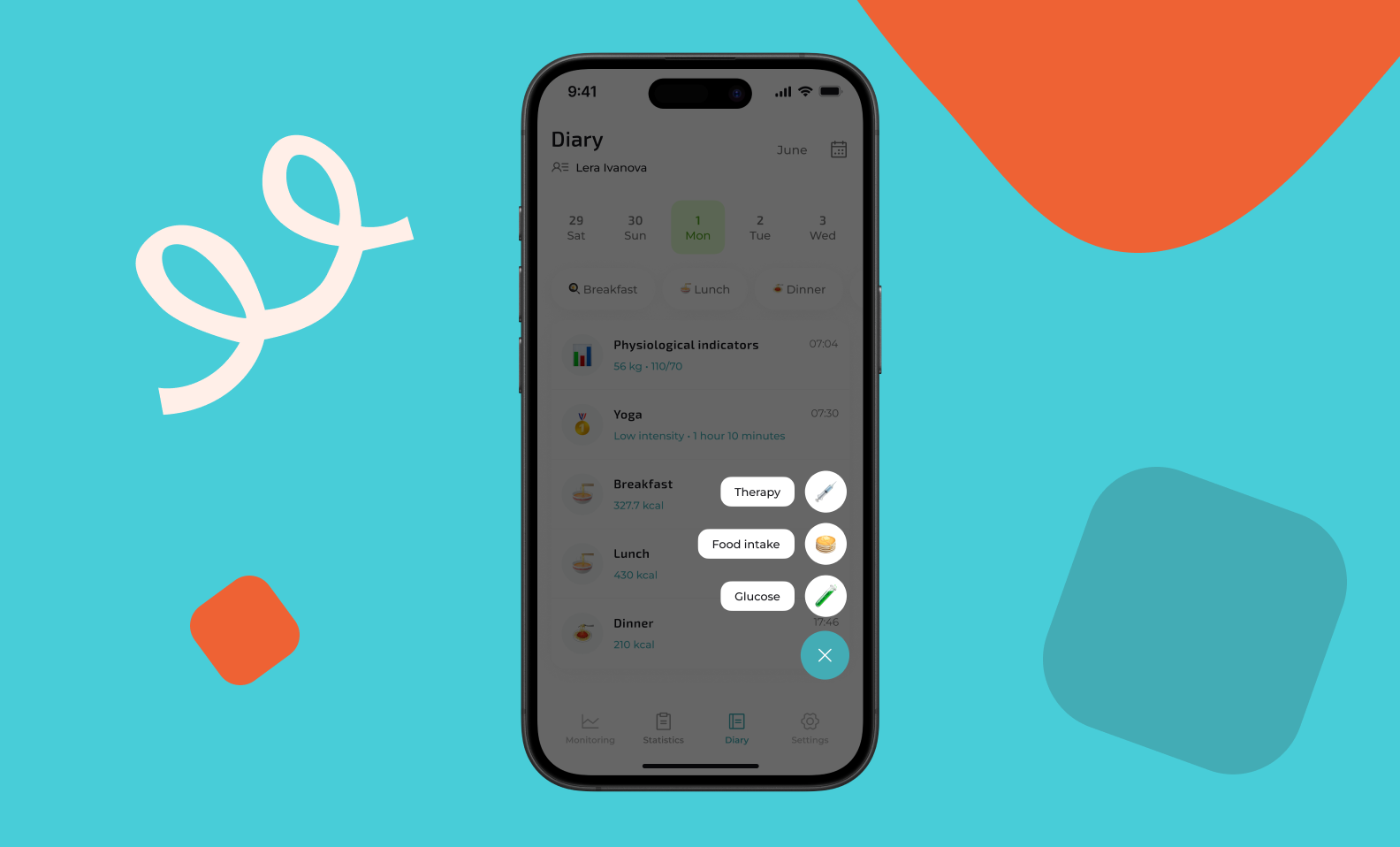 Diabetes diary interface. It displays a calendar spanning several days and has sections for entering data about breakfast, lunch, and dinner, as well as physiological indicators.