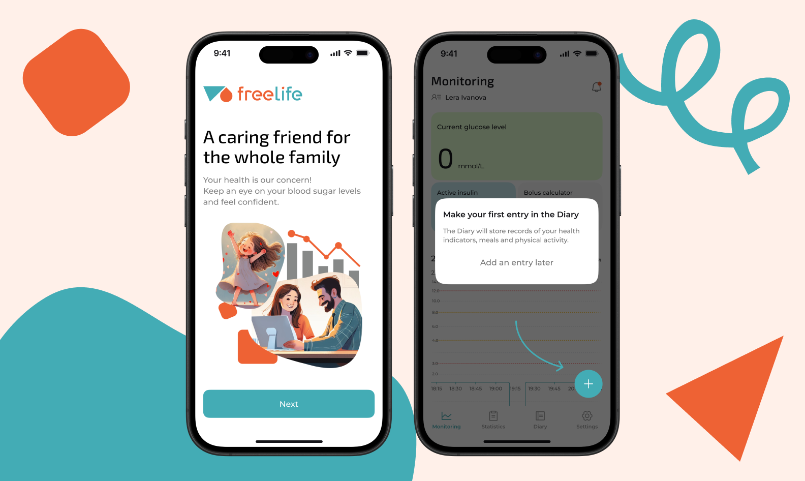Two app screens. The left screen is the welcome monitoring interface with a suggestion to make the first diary entry. The right screen is the start screen, which has the tagline “A caring friend for the whole family” and a “Next” button.