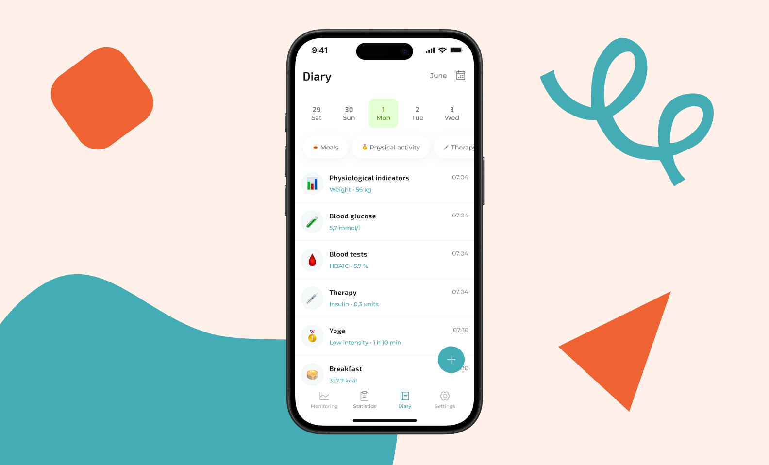 The diary screen has a calendar at the top and a list of entries for the day below. These entries include physiological indicators (weight), glucose level, insulin dose, yoga session entry, as well as breakfast and lunch calories.