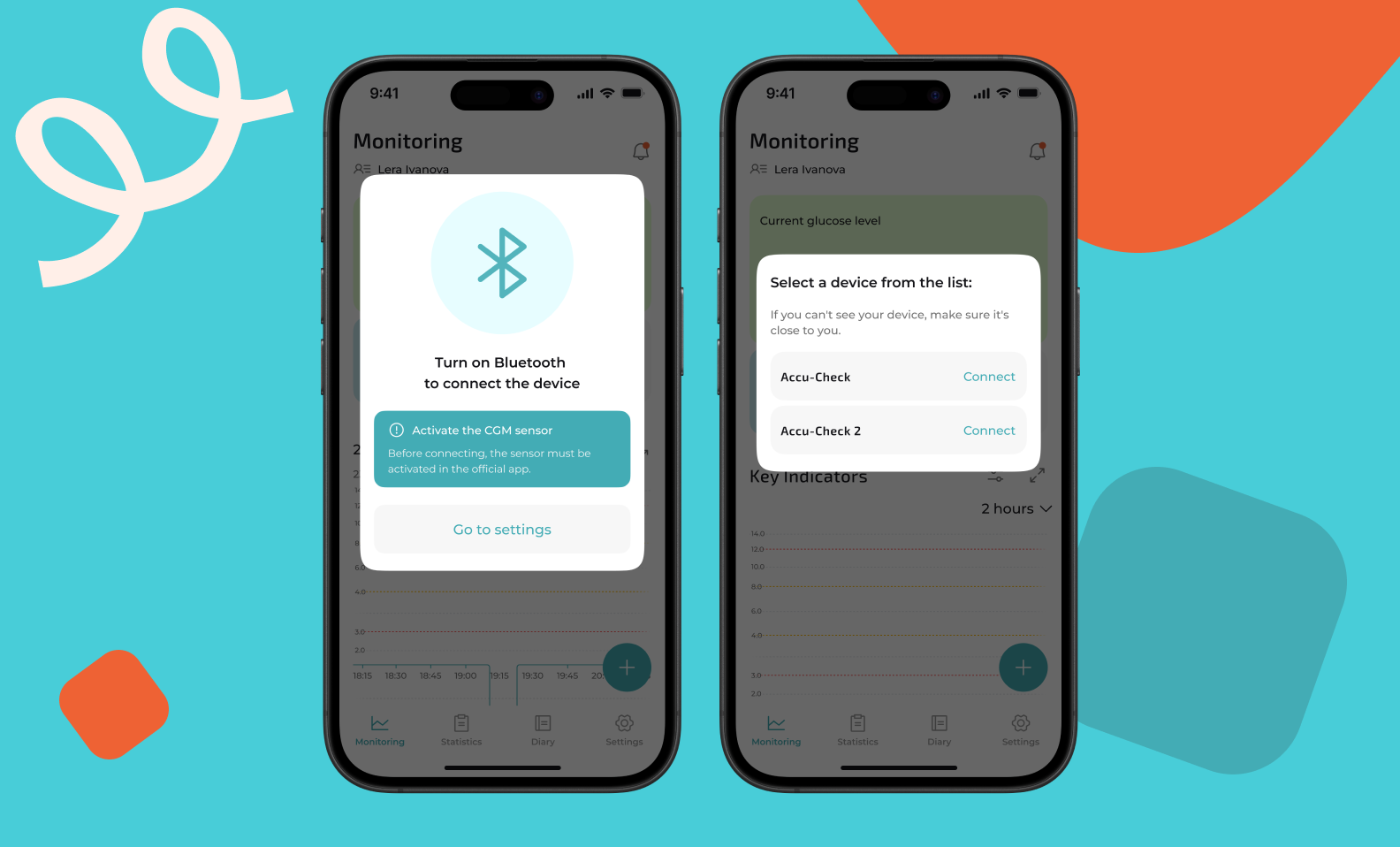 Two screens of the application. The left screen shows a list of devices available for connection (Accu-Check). The right screen shows instructions for turning on Bluetooth and activating the CGM sensor before connecting.