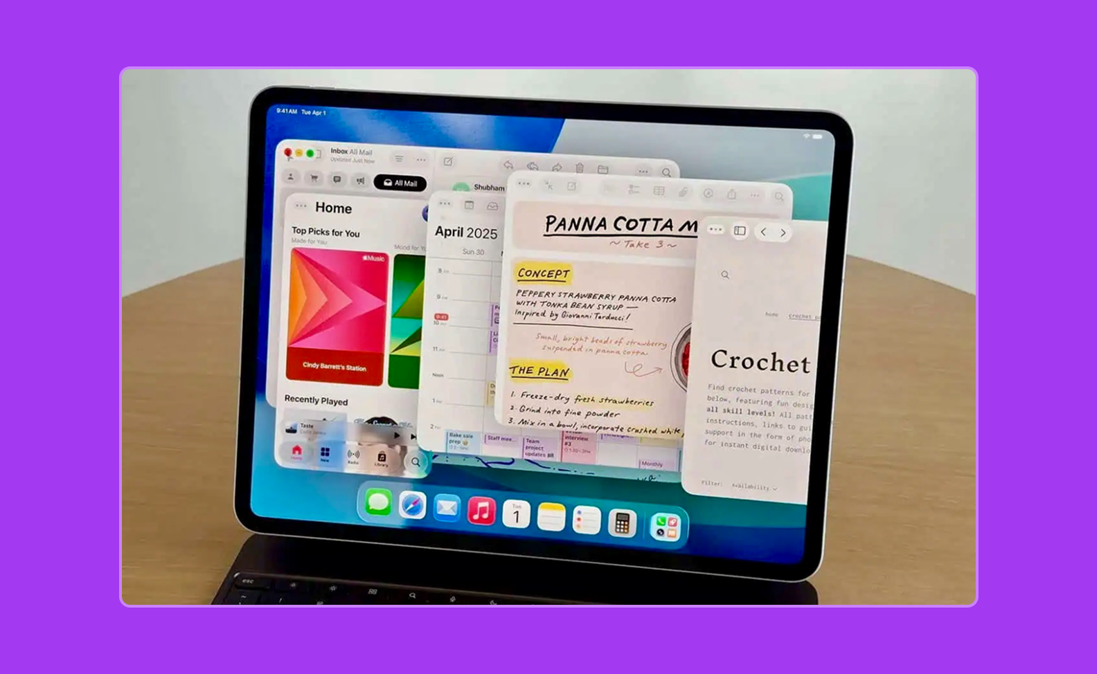 Интерфейс iPad с несколькими открытыми приложениями, показывающий функцию многозадачности и разделения экрана