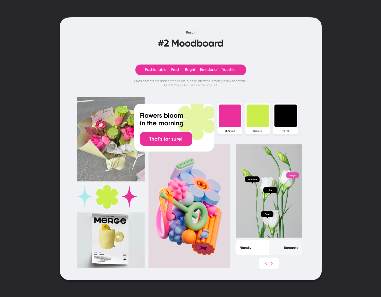 Mood board with visual references: magic, emotions, modern style, bold colors and illustrations