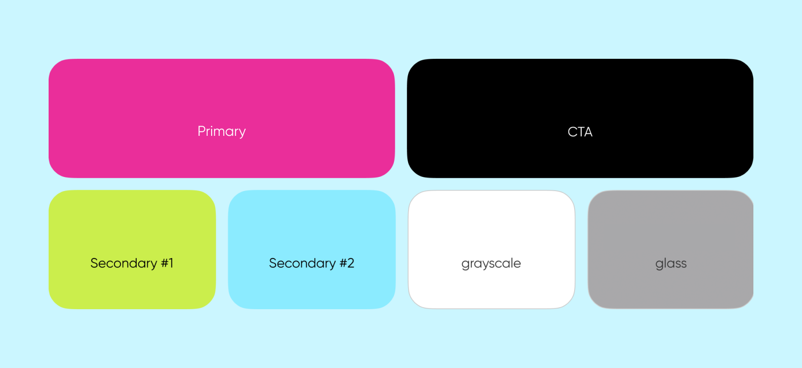 Project color palette: vibrant pink, fresh green, calm blue, and accent black for buttons