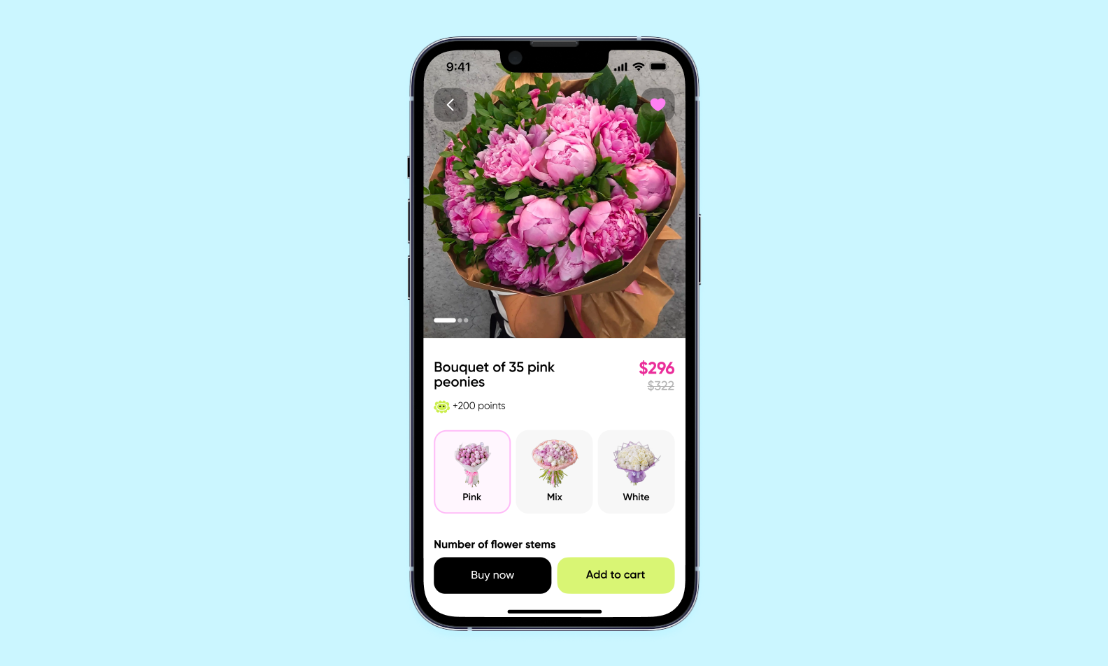 Product card: large bouquet photo, option selection, and two buttons — "Buy now" and "Add to cart"