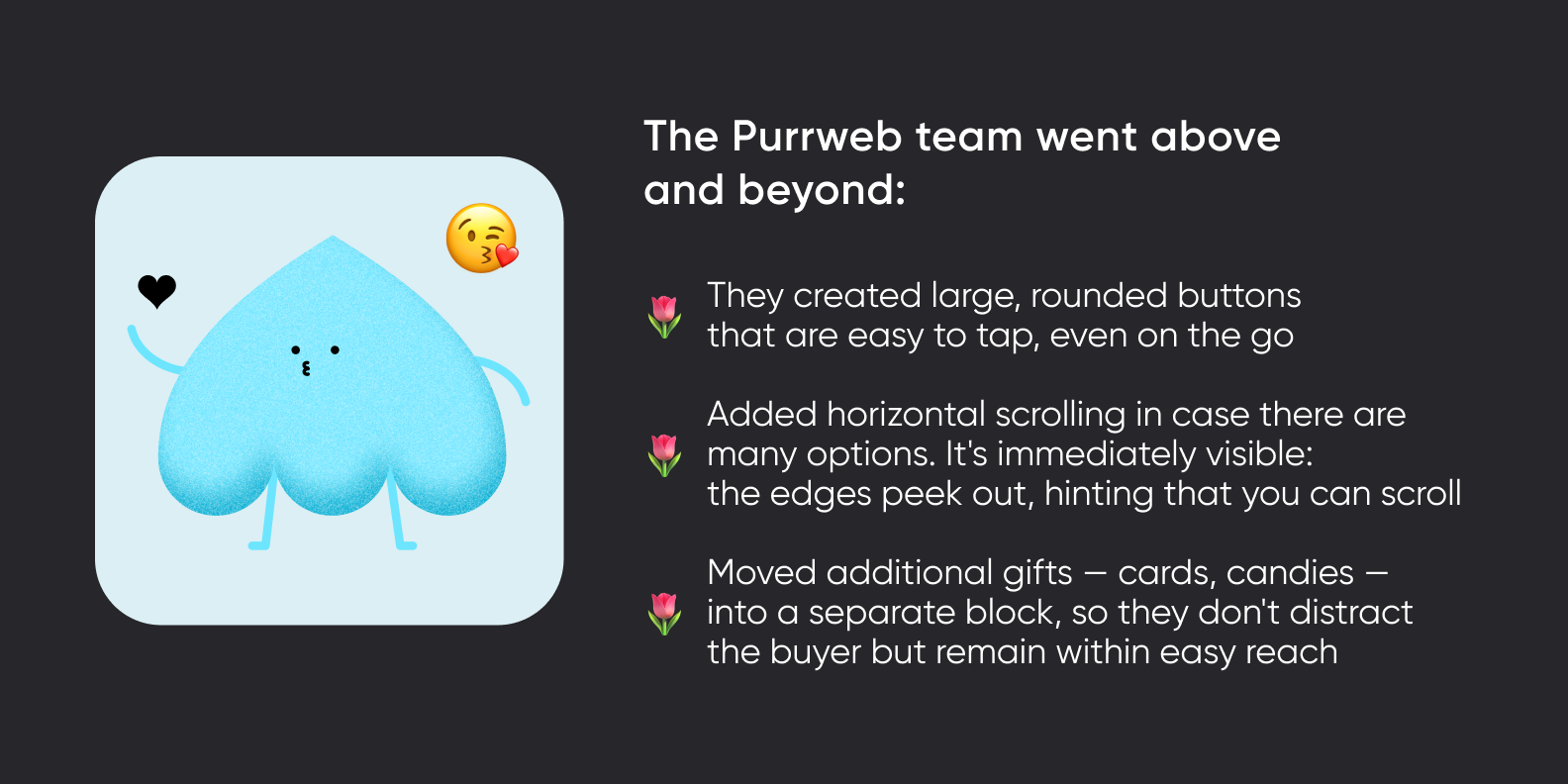 Mascot explains the product card: how designers made buttons convenient, scrolling intuitive, and the interface clean and readable