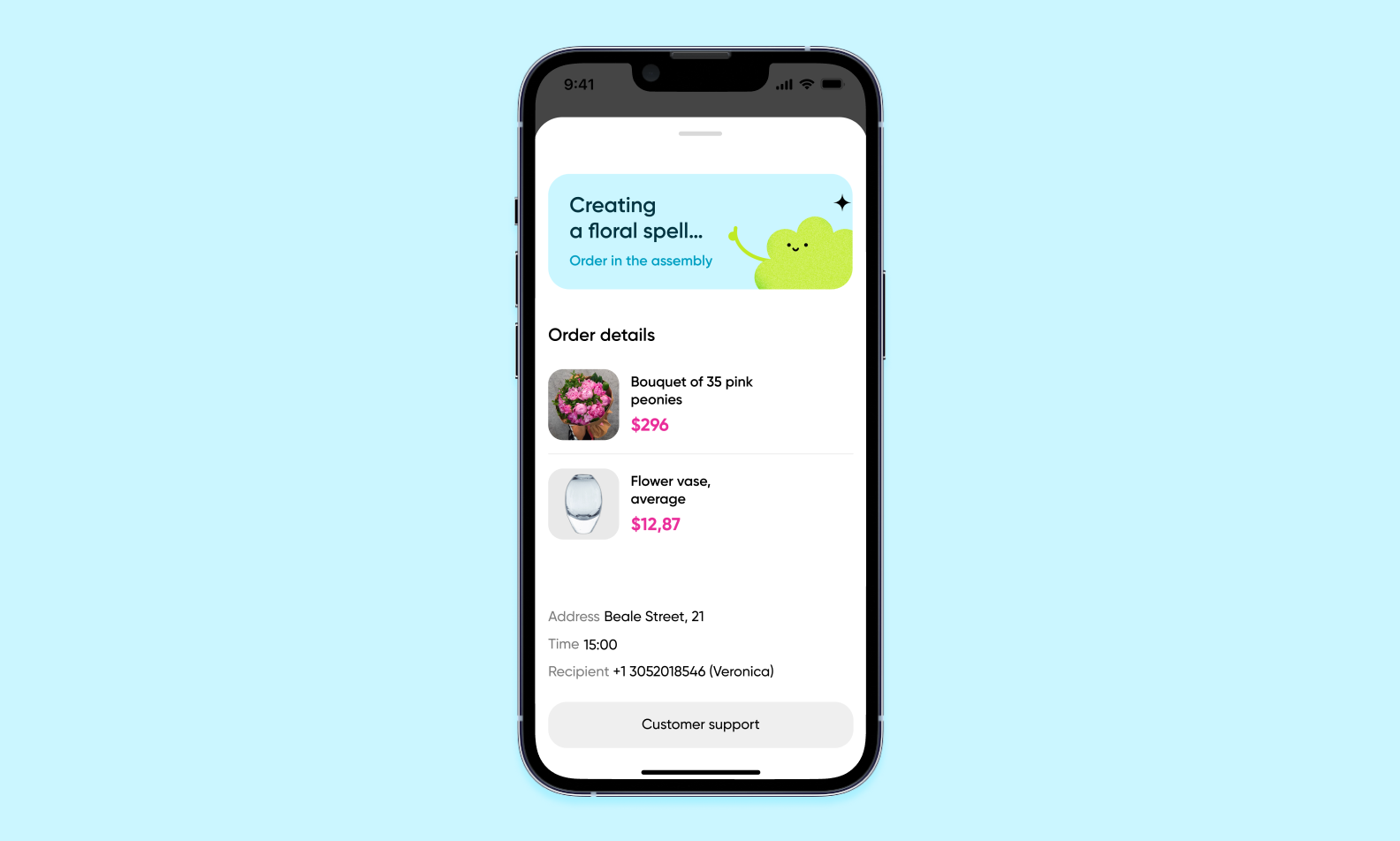 Mascot accompanies the order: visual character, warm message tone, and clear statuses without overload