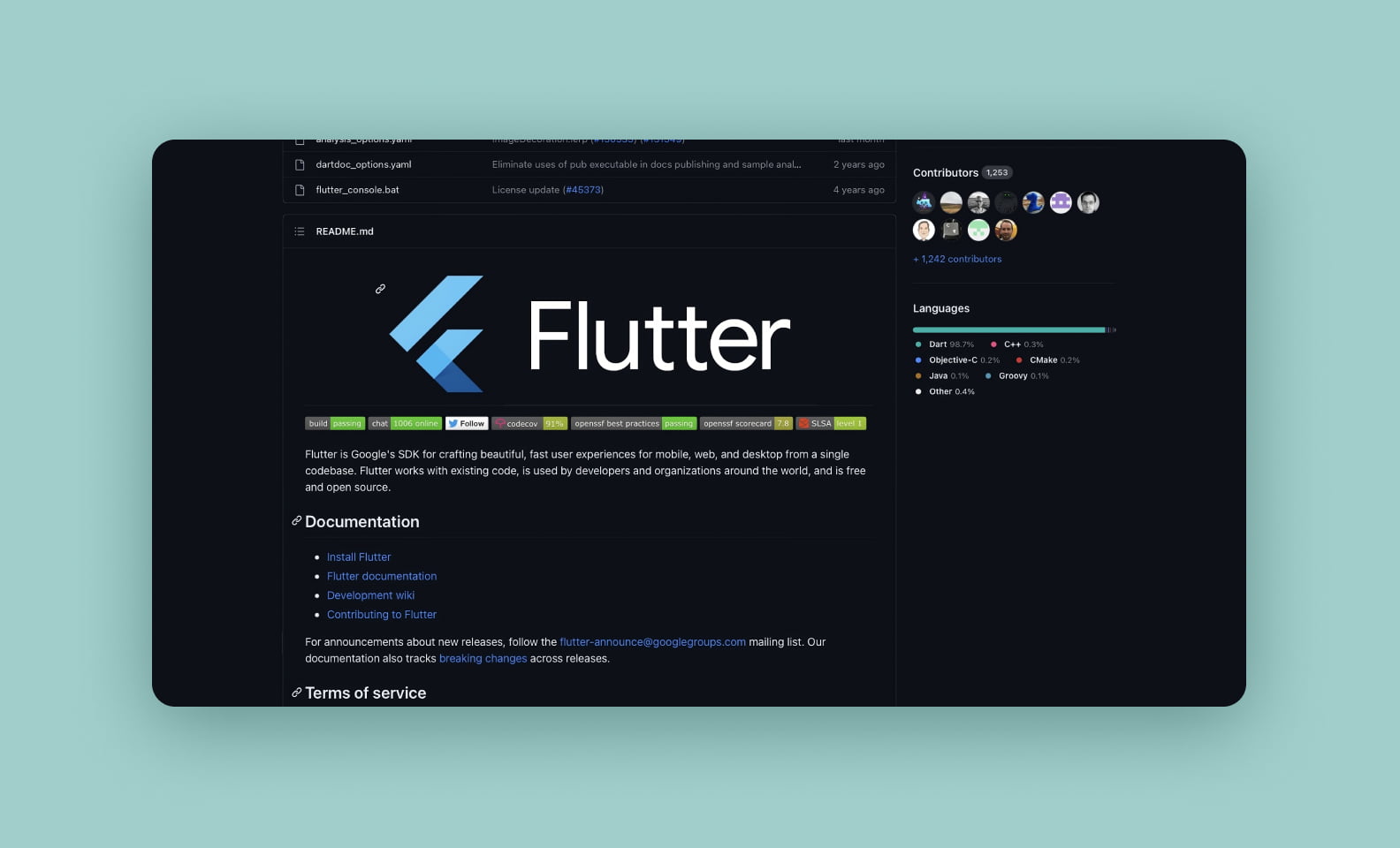 Снимок экрана Flutter GitHub