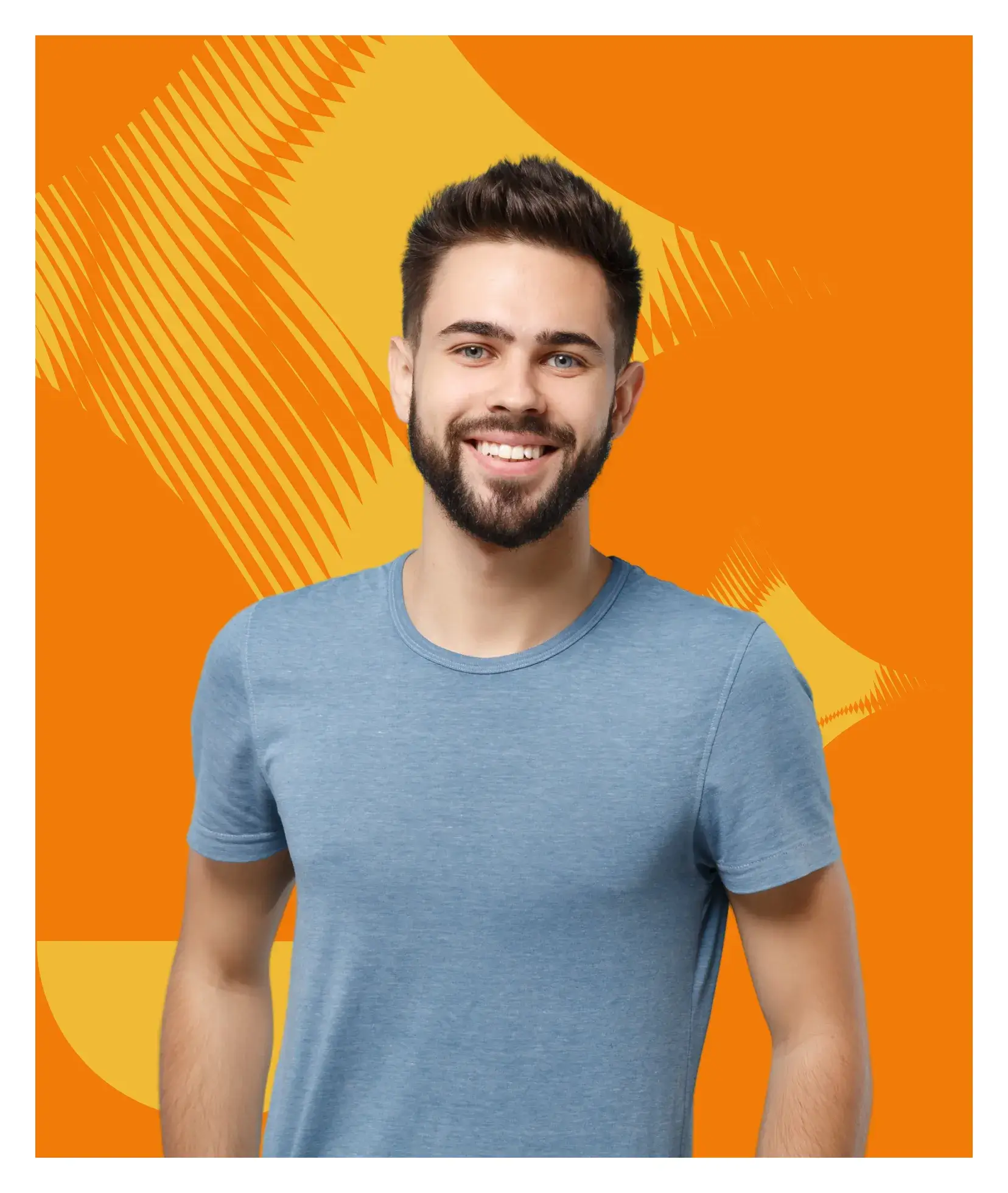 A man with a beard standing in front of an orange background.