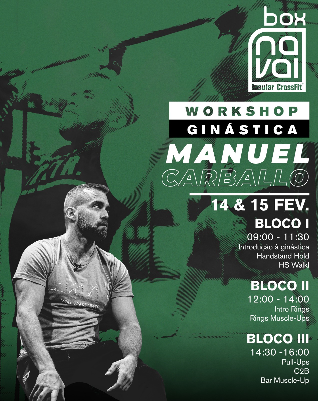 Promotional poster for a gymnastics workshop at Naval Box featuring Olympic gymnast Manuel Carballo, with event dates 14–15 February, schedule blocks, and a green athletic-themed background.