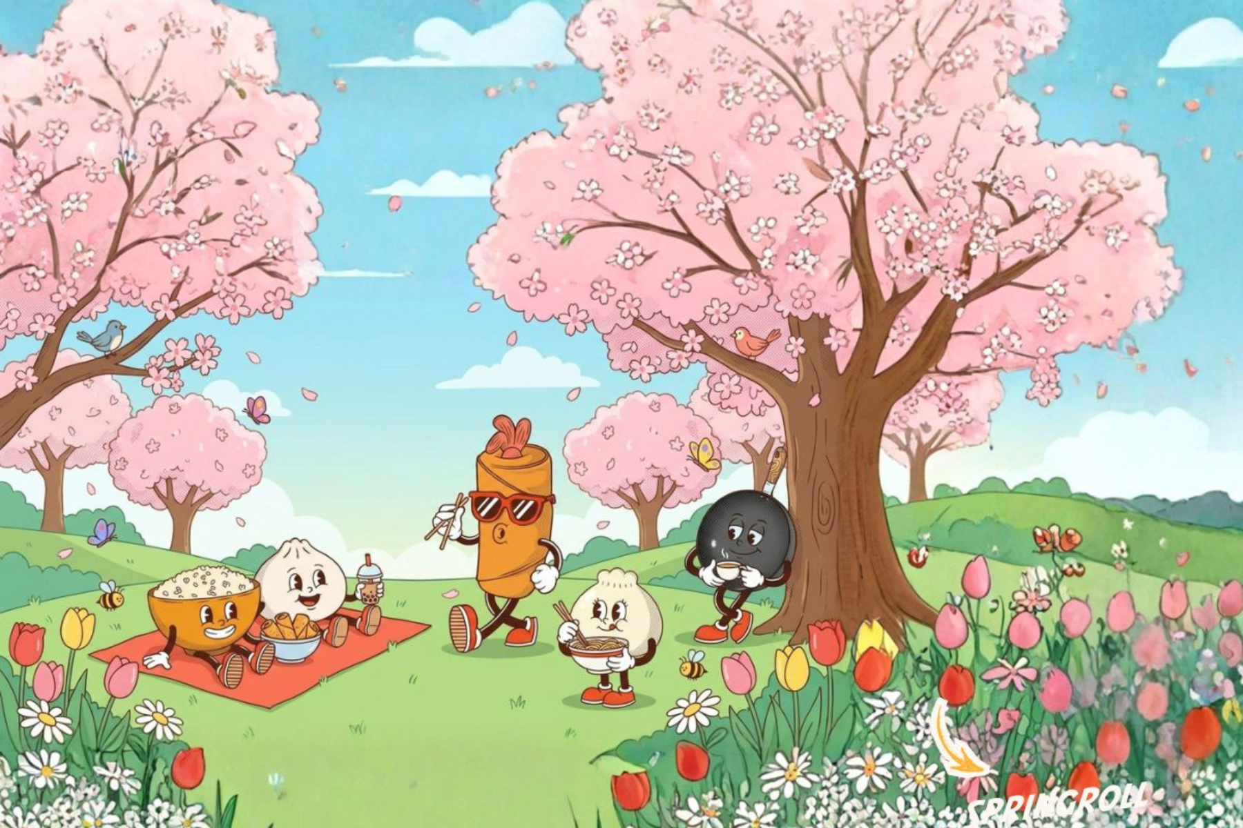 Hanami picnic under blooming cherry blossom trees