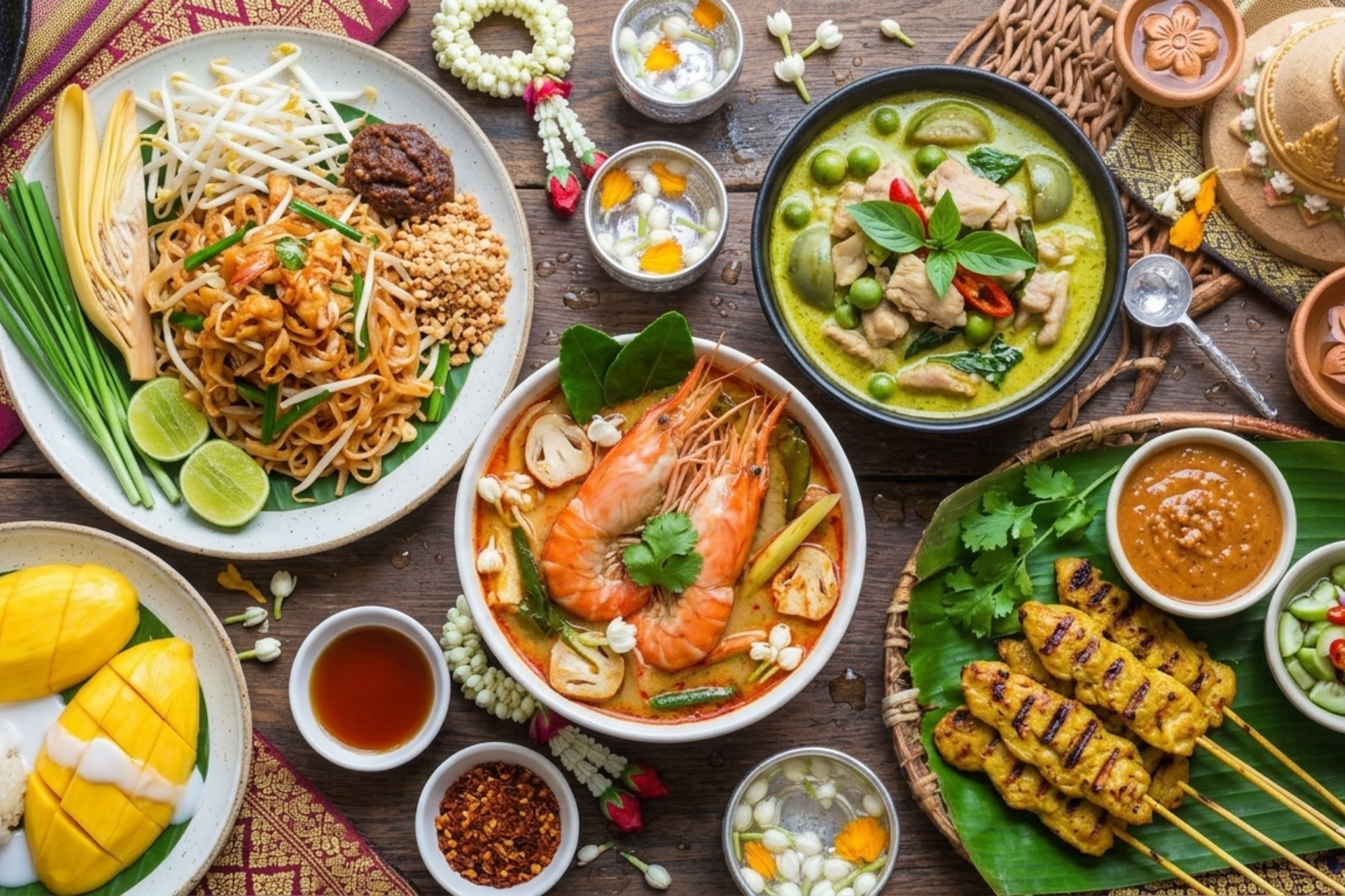 A vibrant, top-down culinary spread of authentic Thai dishes arranged on a rustic wooden table, styled for the Thai New Year (Songkran) festival.