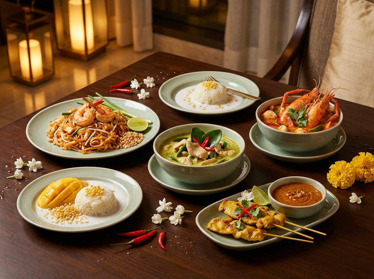 A vibrant, top-down culinary spread of authentic Thai dishes arranged on a rustic wooden table, styled for the Thai New Year (Songkran) festival.