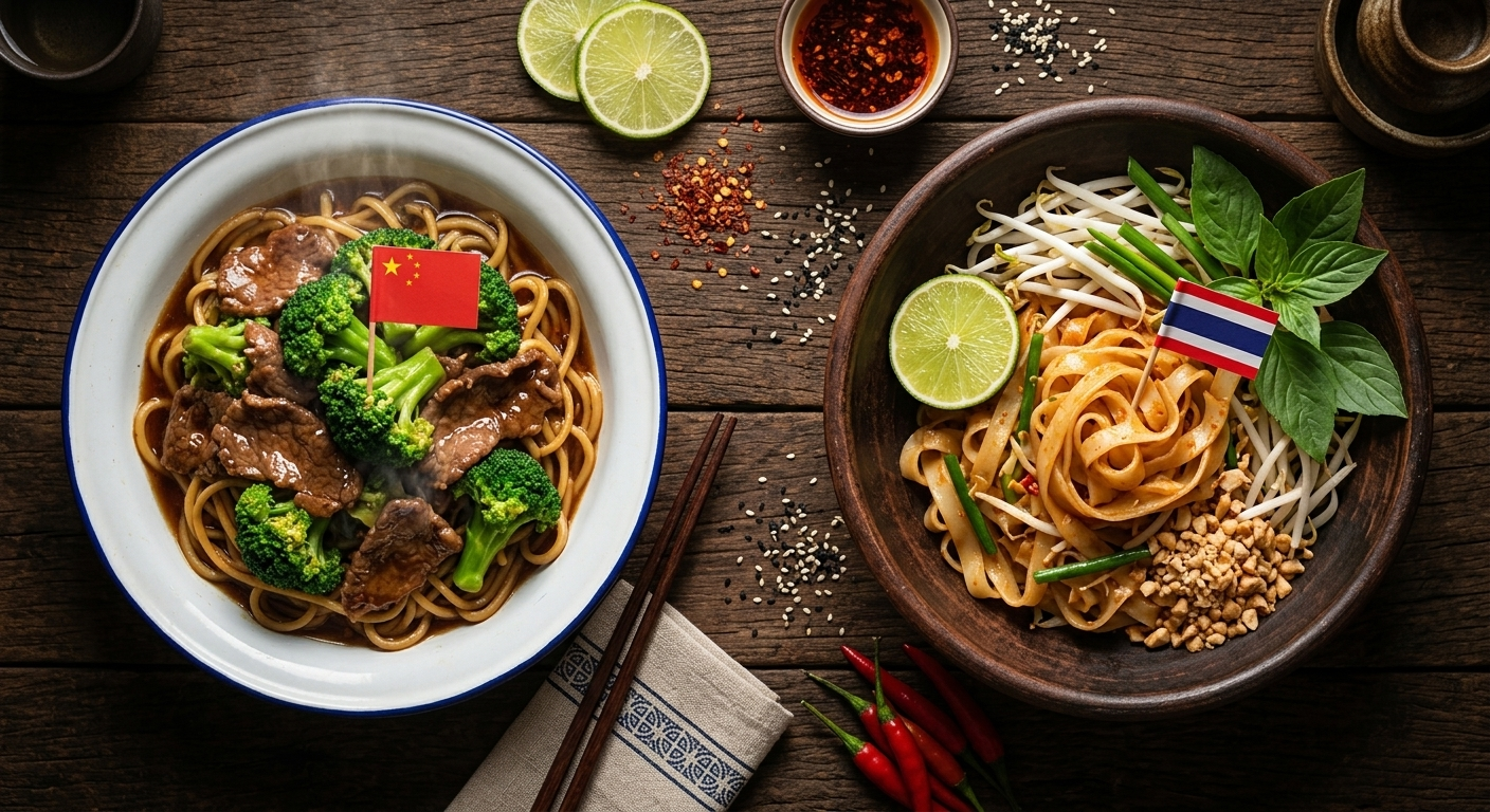 Side by side comparison of Chinese Beef with Broccoli and Thai Pad Thai stir-fry dishes on a wooden table