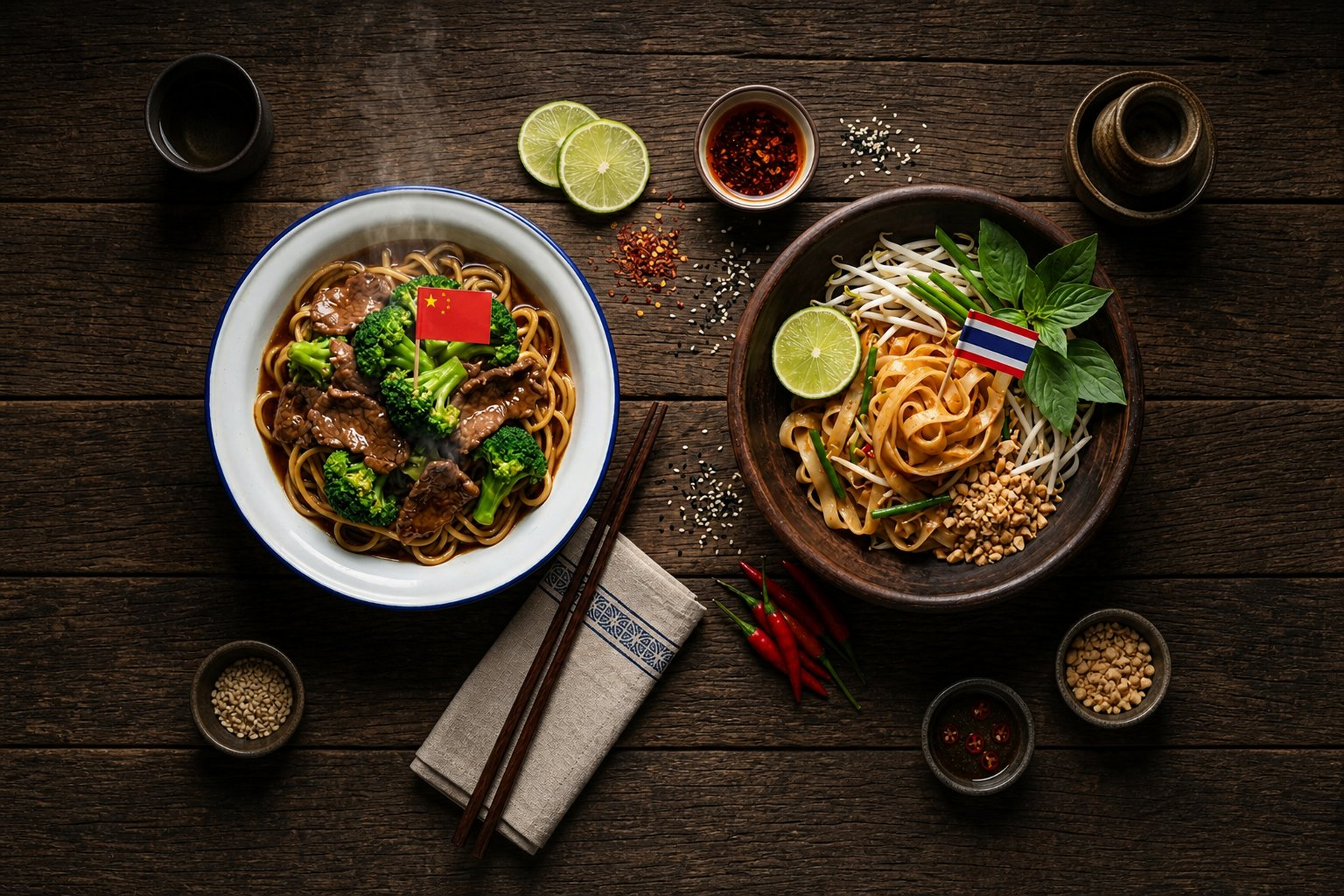 Side by side comparison of Chinese Beef with Broccoli and Thai Pad Thai stir-fry dishes on a wooden table