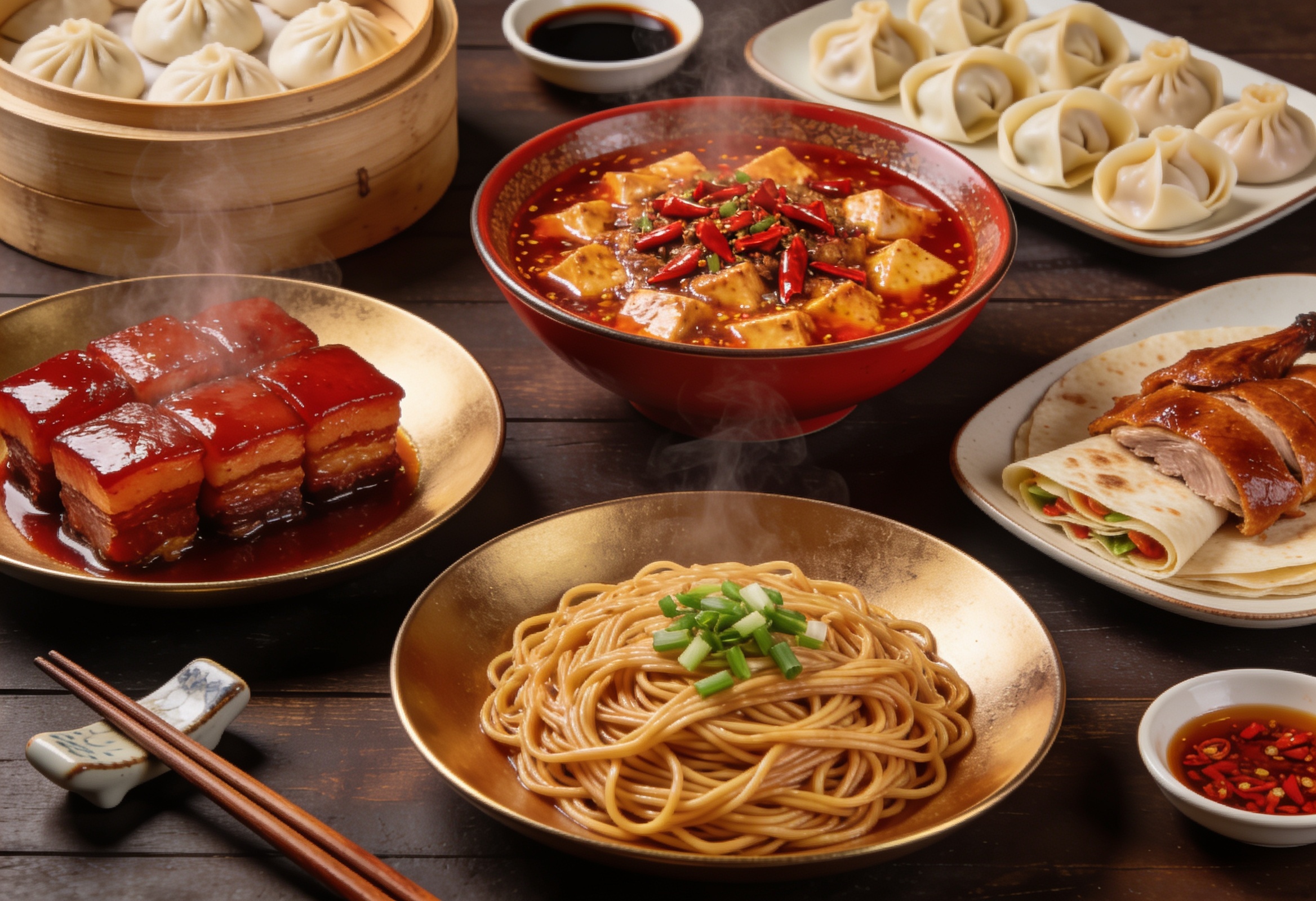 Assorted regional Chinese dishes including dim sum, dumplings, noodles, and stir-fried specialties from across China.