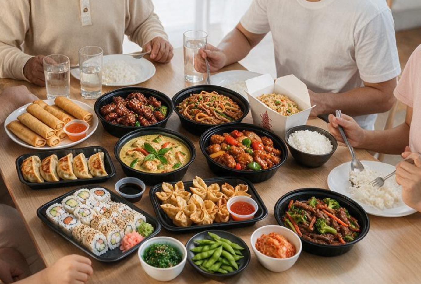 Asian family takeaway dinner