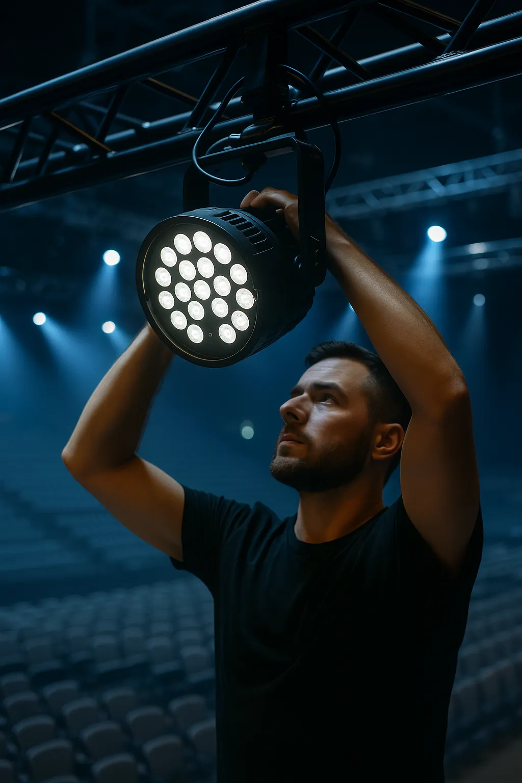 Ein beleuchter leuchtet einen LED Scheinwerfer ein. im Hintergrund ist eine Bühne zu sehen