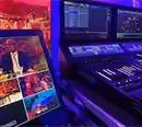 A multiview monitor next to a lighting console at the WDR production at Burg Wilhelmstein by photon