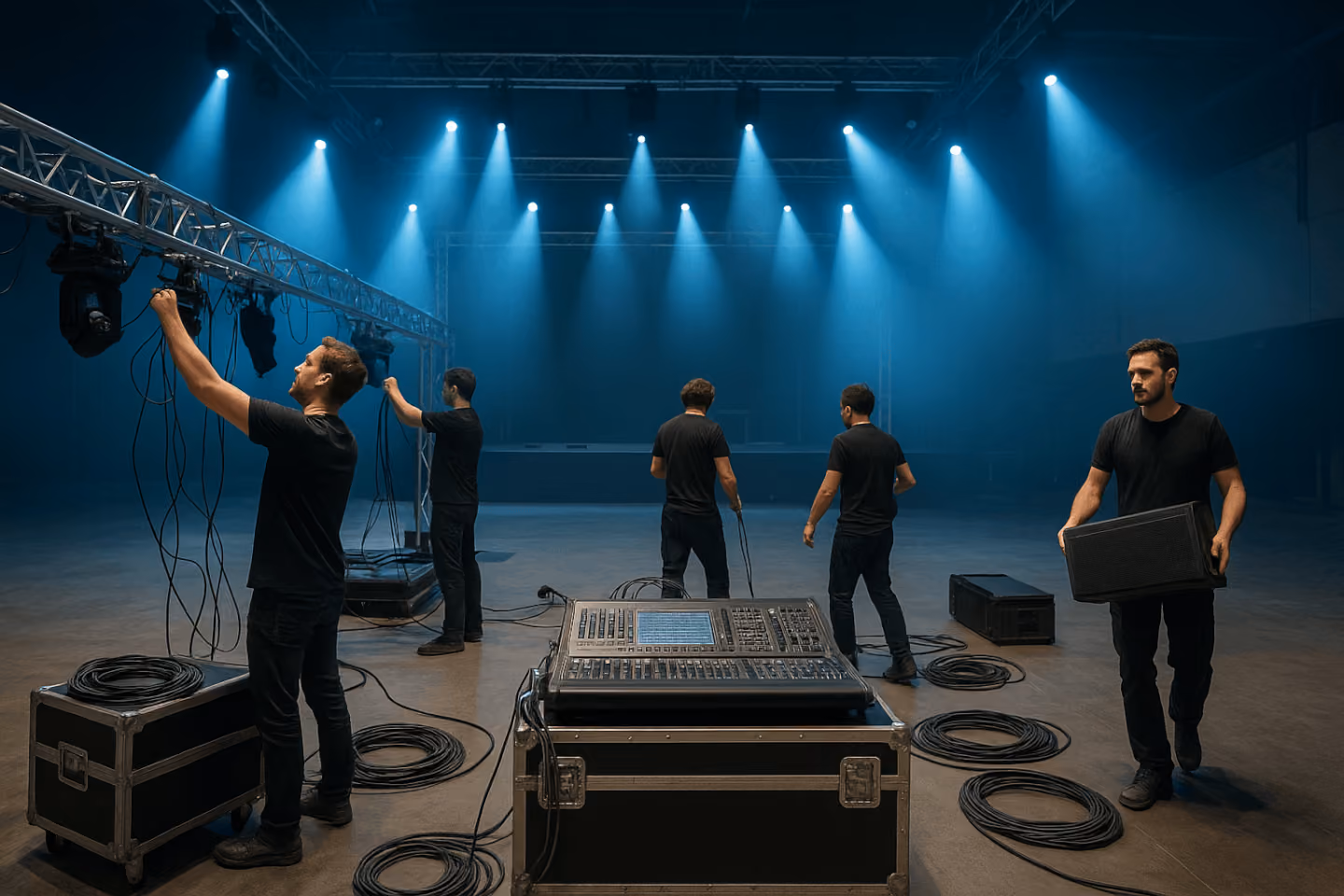 Backstage-Aufbau der Showtechnik – Licht, Ton und Bühne von photon Veranstaltungstechnik