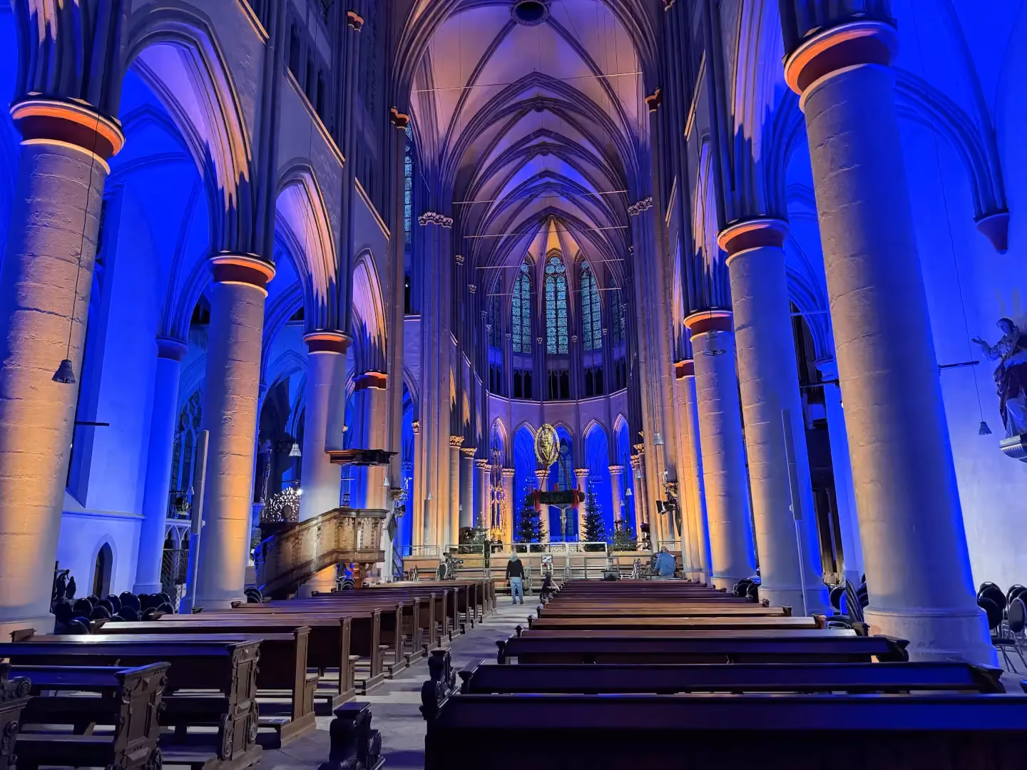 Altenberg Cathedral in blue and amber, wide camera shot, by photon