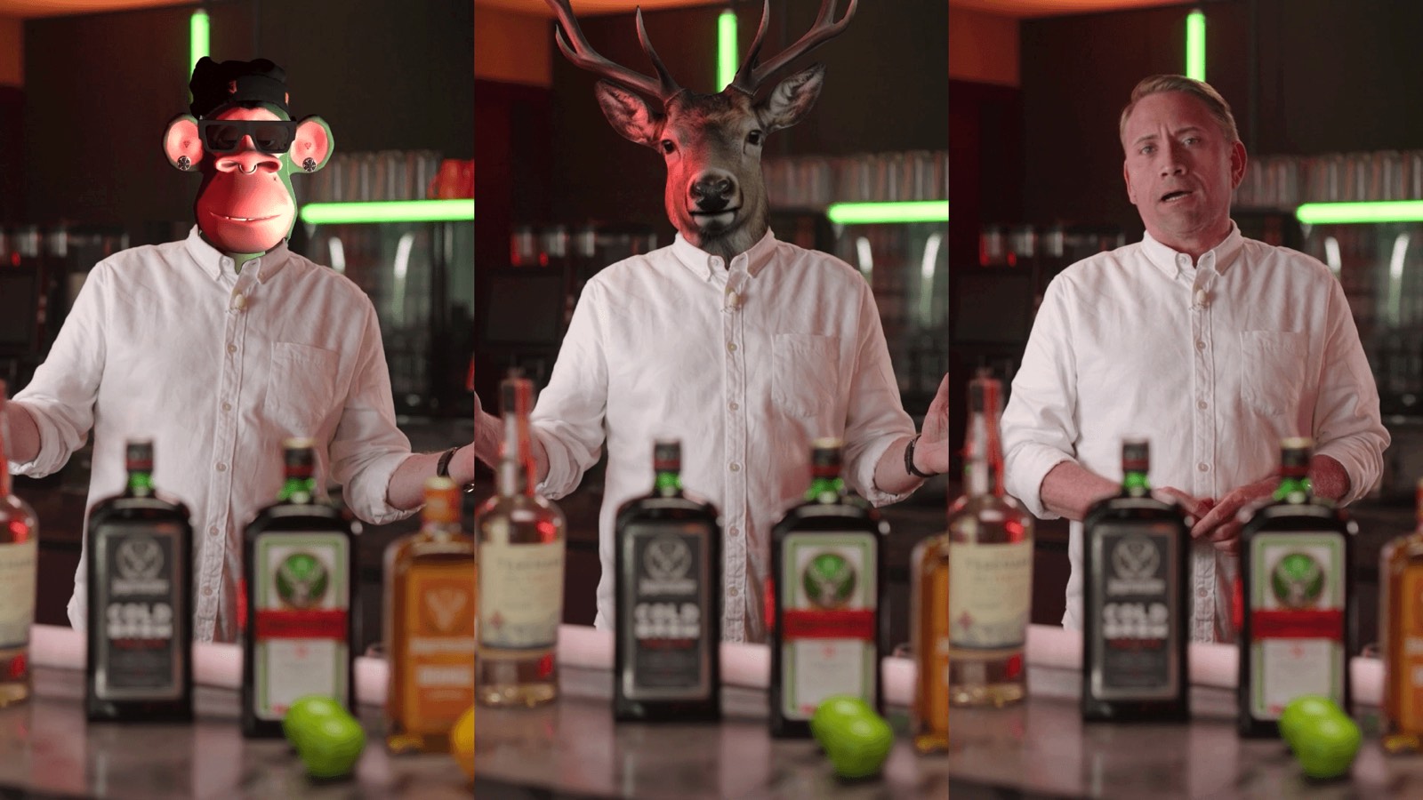 Jägermeister Townhall Show 2024 – split screen with AI avatars in the bar set