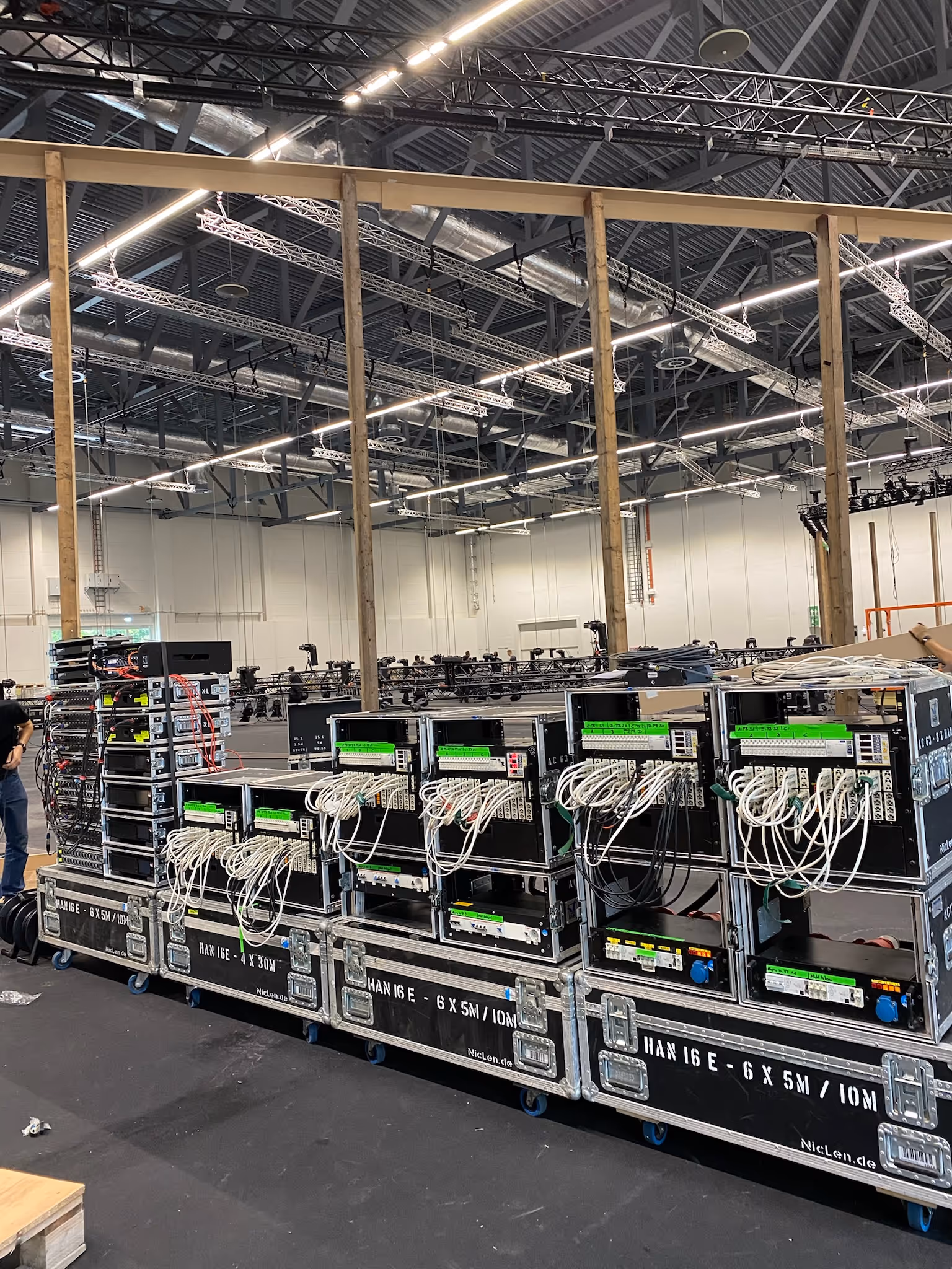 Technikaufbau in der Messehalle – Stromverteilung und Rigging von photon
