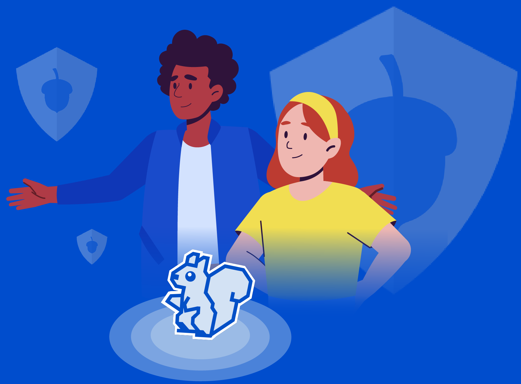 Illustration of a man and a woman standing behind a stylized squirrel logo with shield icons featuring acorns in the background.