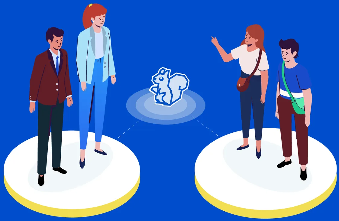 Illustration of four people standing on two separate circular platforms connected by a dashed line to a stylized squirrel icon in the center.