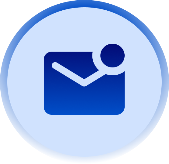 Blue envelope icon with notification badge inside a blue circular button.