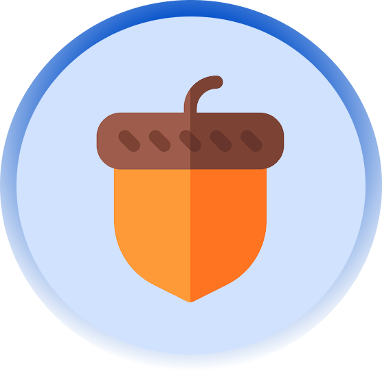 Icon of an acorn with brown cap and orange nut in a blue circular background.
