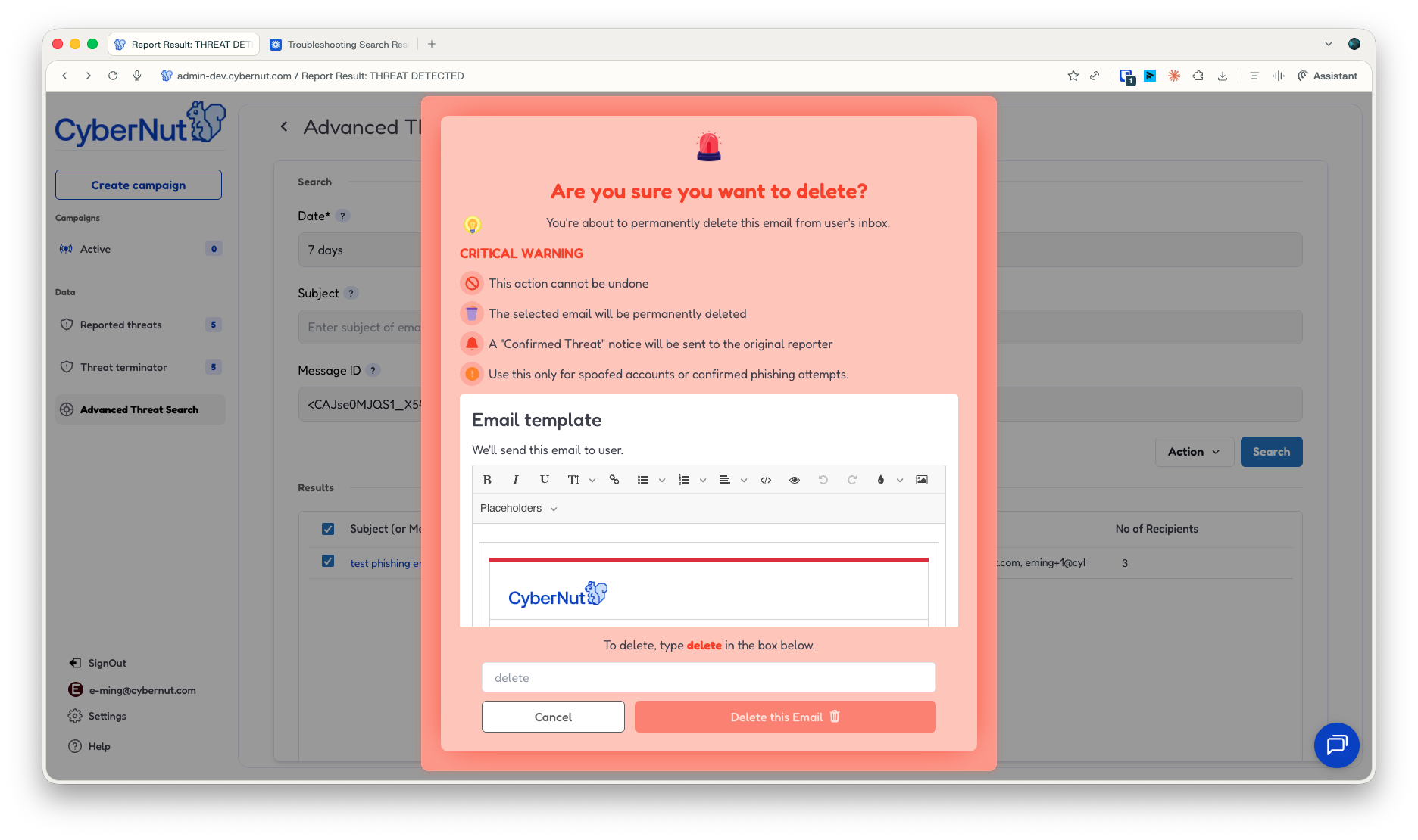 Advanced Threat Search page on CyberNut platform showing search filters including Date, Recipient Email, Subject, Message ID, and a results table with emails related to phishing, including sender and recipient details, plus a quarantine and delete options tooltip.