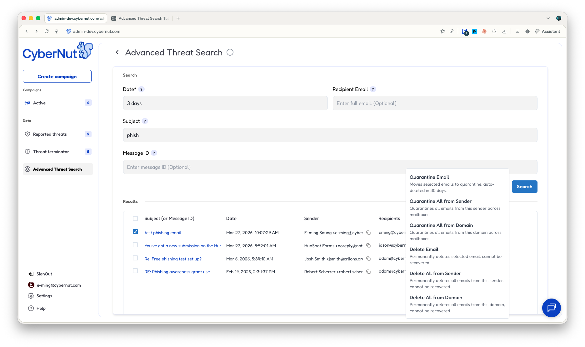 Advanced Threat Search page on CyberNut platform showing search filters including Date, Recipient Email, Subject, Message ID, and a results table with emails related to phishing, including sender and recipient details, plus a quarantine and delete options tooltip.