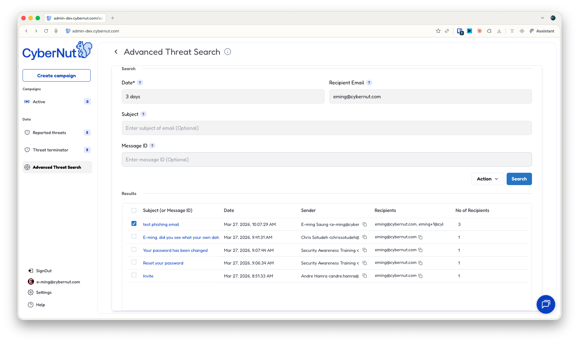 Advanced Threat Search interface on CyberNut admin panel showing filters for date, recipient email, subject, and message ID with search results listing emails by subject, date, sender, recipients, and number of recipients.