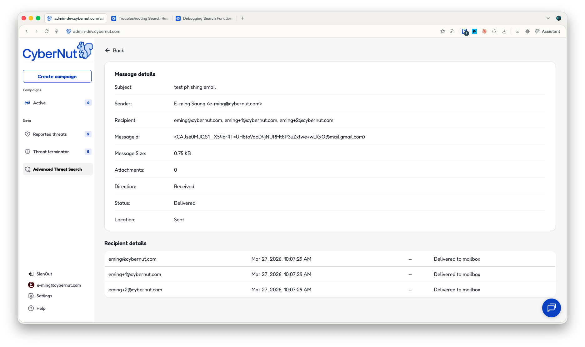 CyberNut platform screen showing message details of a test phishing email, including sender, recipients, message ID, size, status, and delivery information.