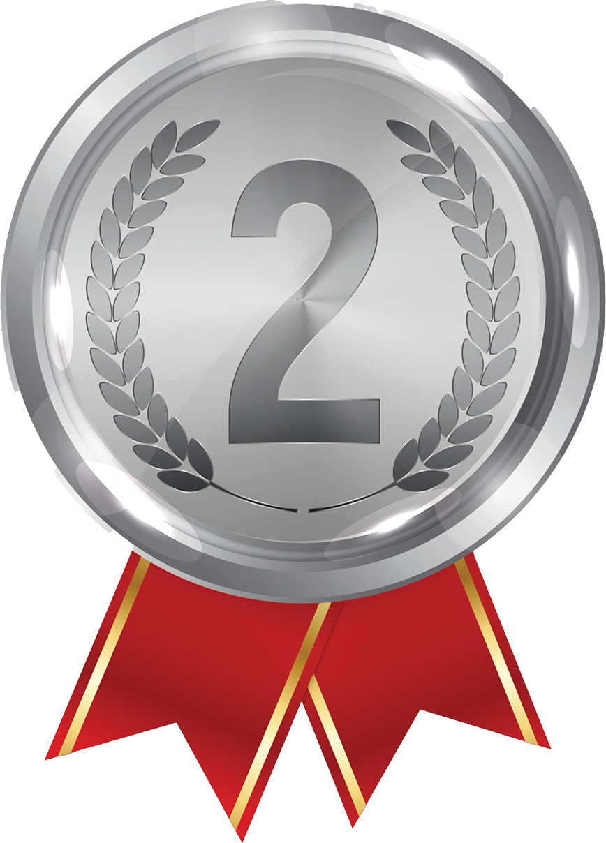 Silver medal with the number 2 and laurel leaves, attached to a red ribbon with gold edges.