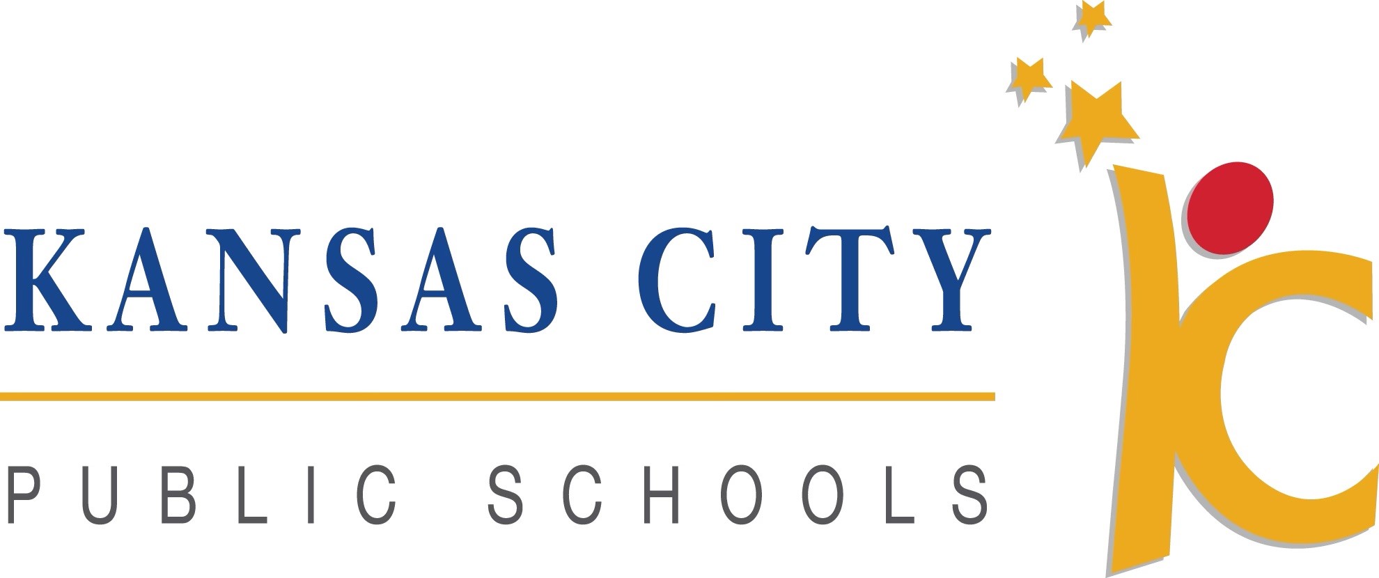 Kansas City Public Schools logo with stylized yellow KC figure and three yellow stars.