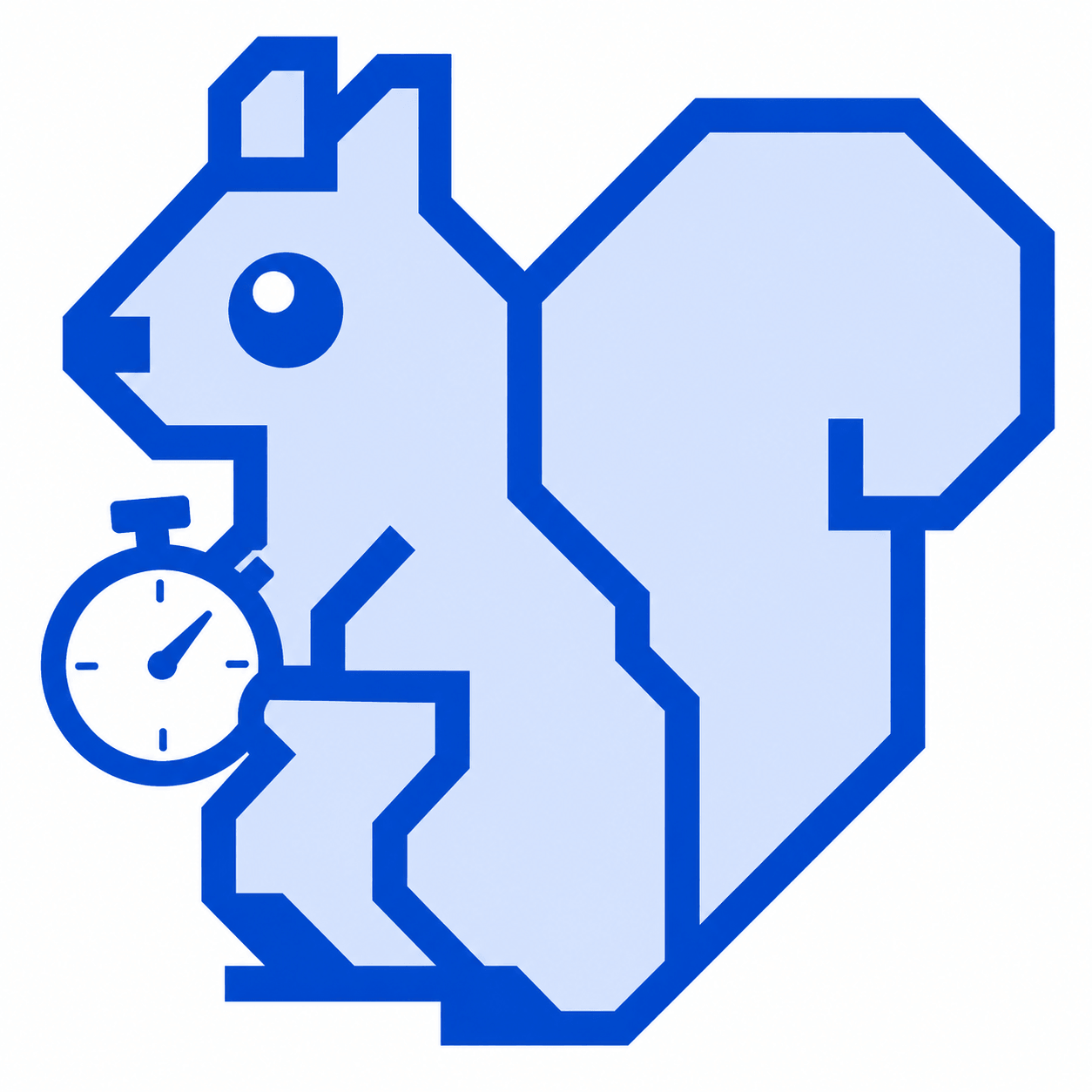 Blue geometric squirrel holding a stopwatch with its front paws on a white background.