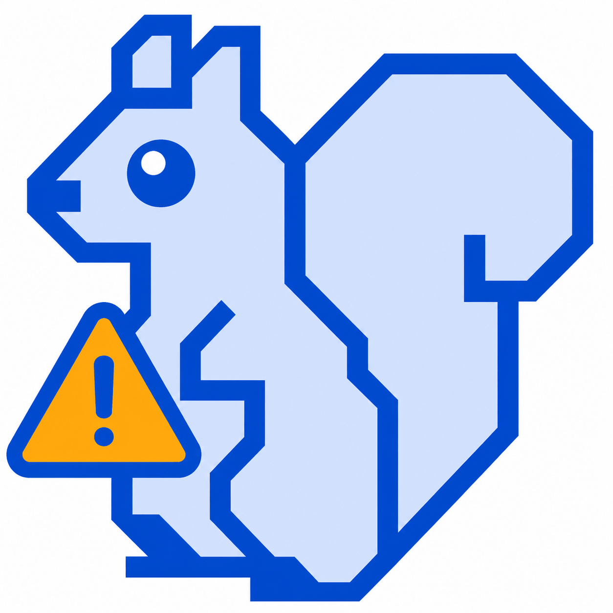 Blue outlined squirrel with an orange warning triangle containing an exclamation mark.