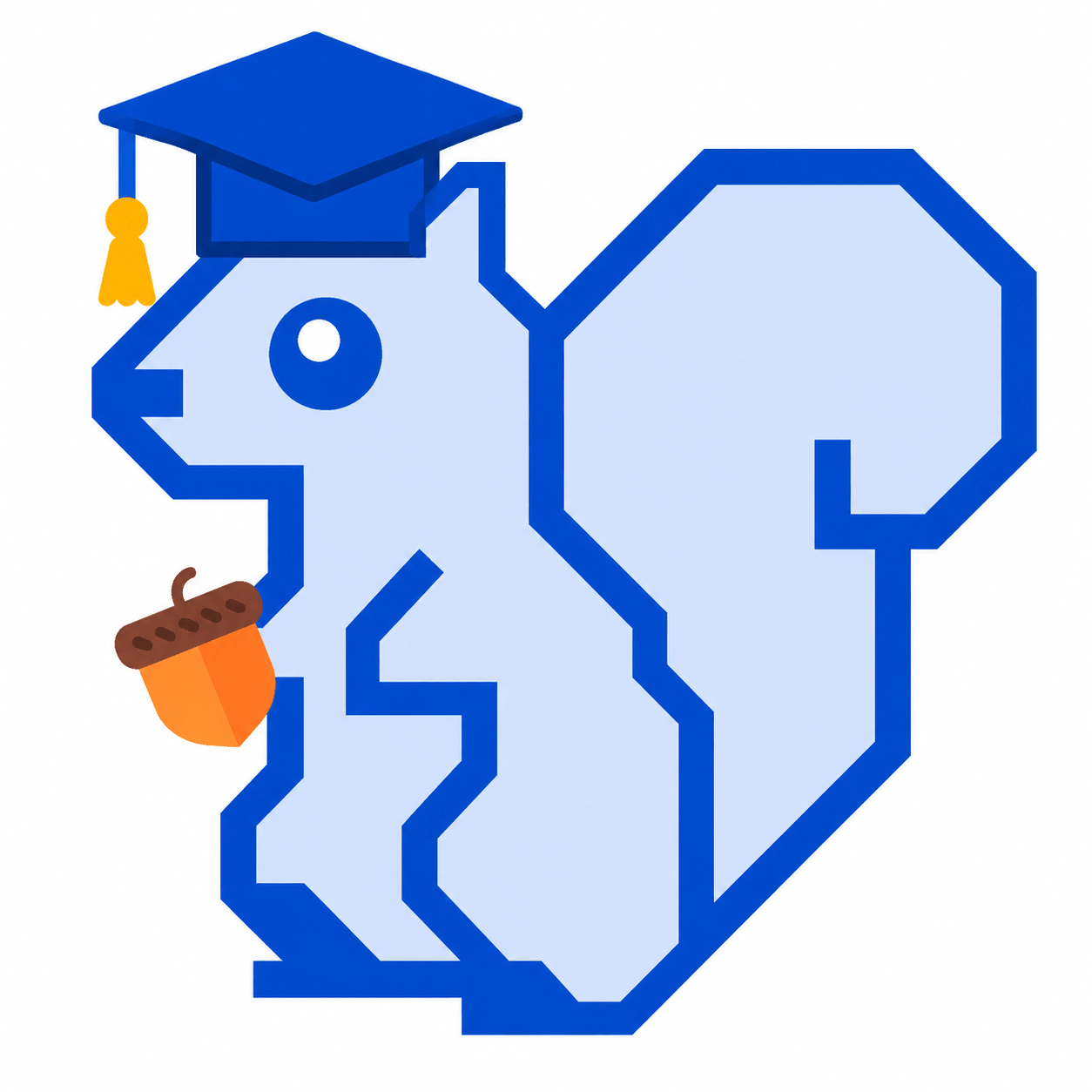 Blue geometric squirrel wearing a graduation cap and holding an orange acorn.