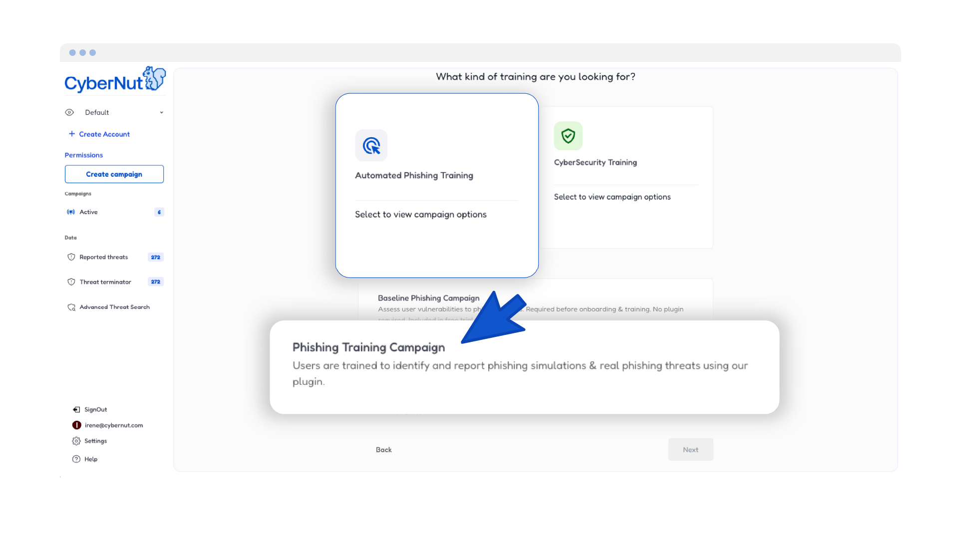 CyberNut app screen showing options for Automated Phishing and CyberSecurity Training campaigns.